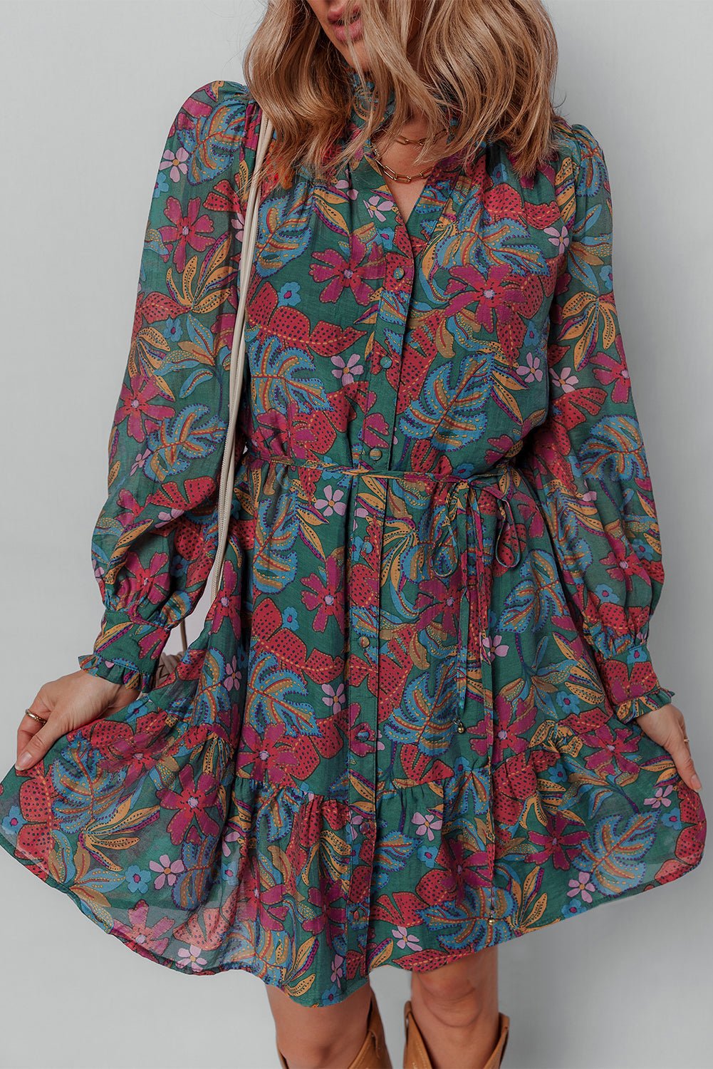 Maria Floral V Neck Puff Sleeve Dress – Green Dresses/Floral Dresses for Shopify Collective (6 view)