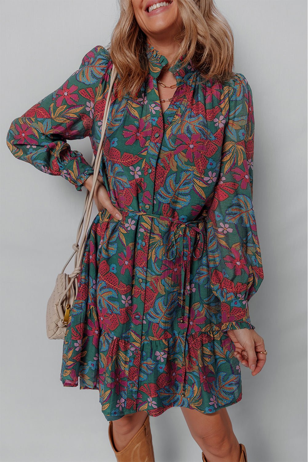 Maria Floral V Neck Puff Sleeve Dress – Green Dresses/Floral Dresses for Shopify Collective (5 view)