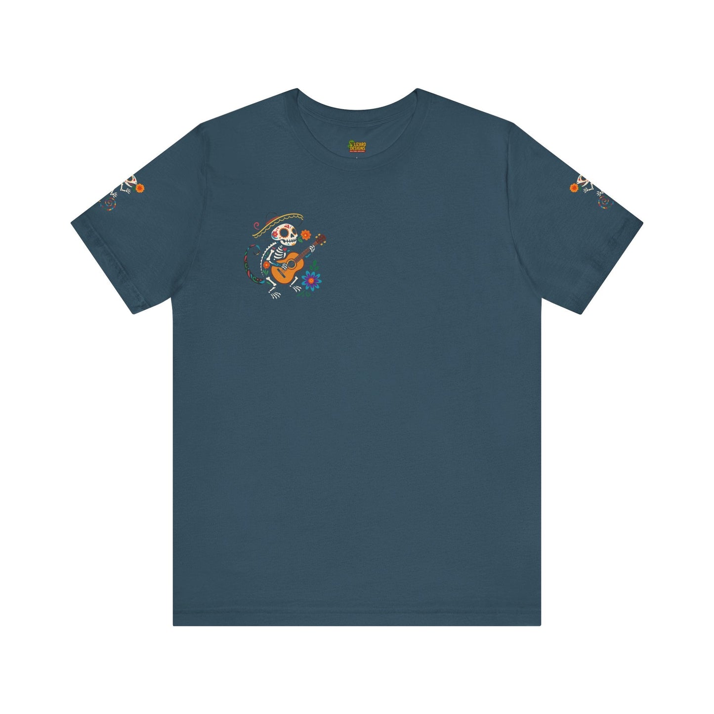 Mariachi Lizard Skeleton Tee – Day of the Dead Vibes | Halloween Graphic Shirt – Deep Teal T-Shirt for artsy apparel (7 view)