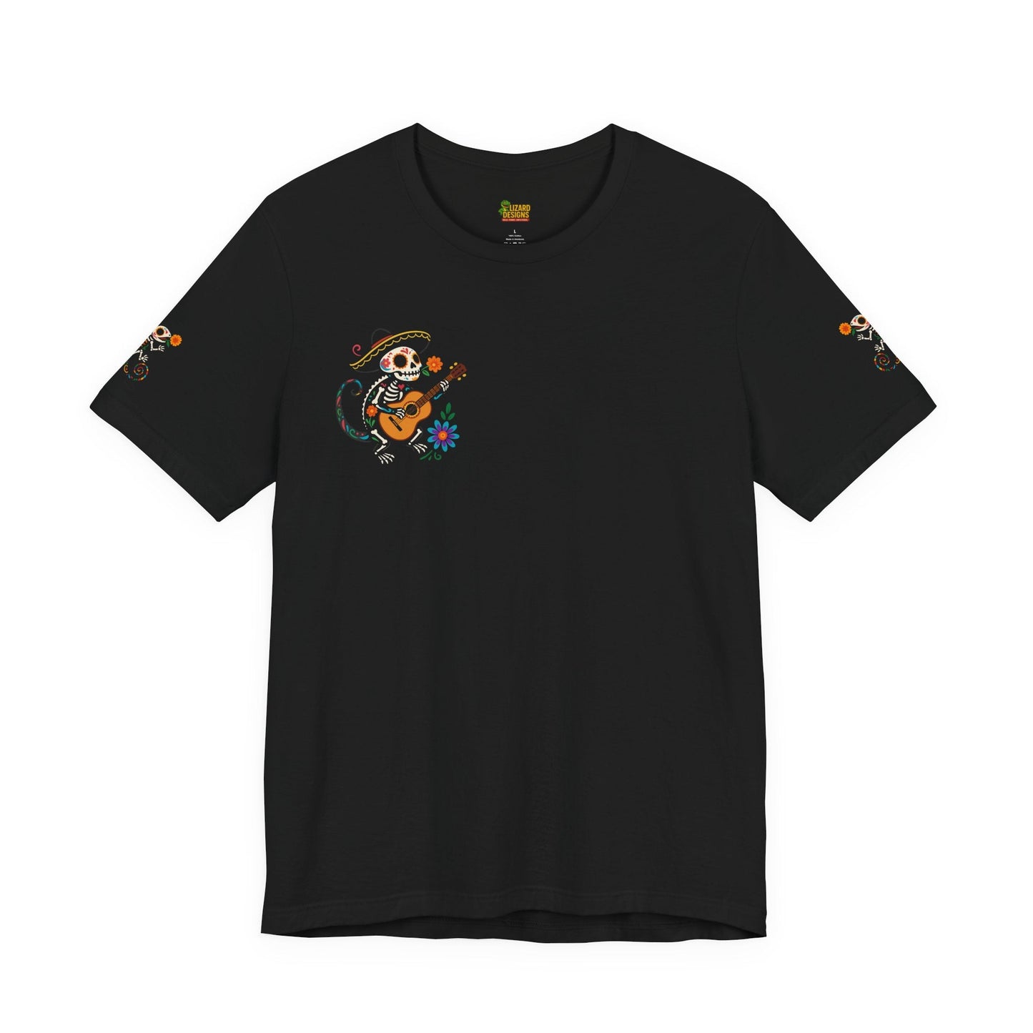 Mariachi Lizard Skeleton Tee – Day of the Dead Vibes | Halloween Graphic Shirt – Oxblood Black T-Shirt for artsy apparel (13 view)