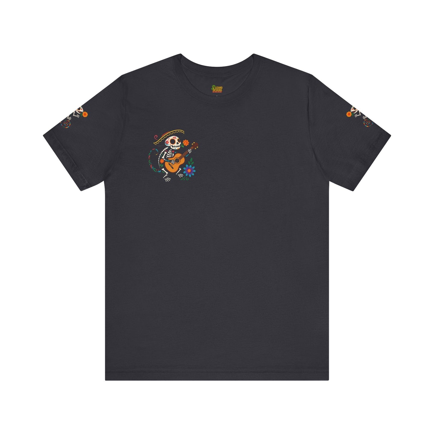 Mariachi Lizard Skeleton Tee – Day of the Dead Vibes | Halloween Graphic Shirt – Dark Grey T-Shirt for artsy apparel (3 view)