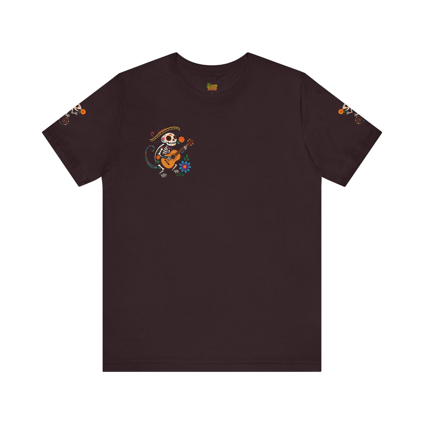 Mariachi Lizard Skeleton Tee – Day of the Dead Vibes | Halloween Graphic Shirt – Oxblood Black T-Shirt for artsy apparel (11 view)