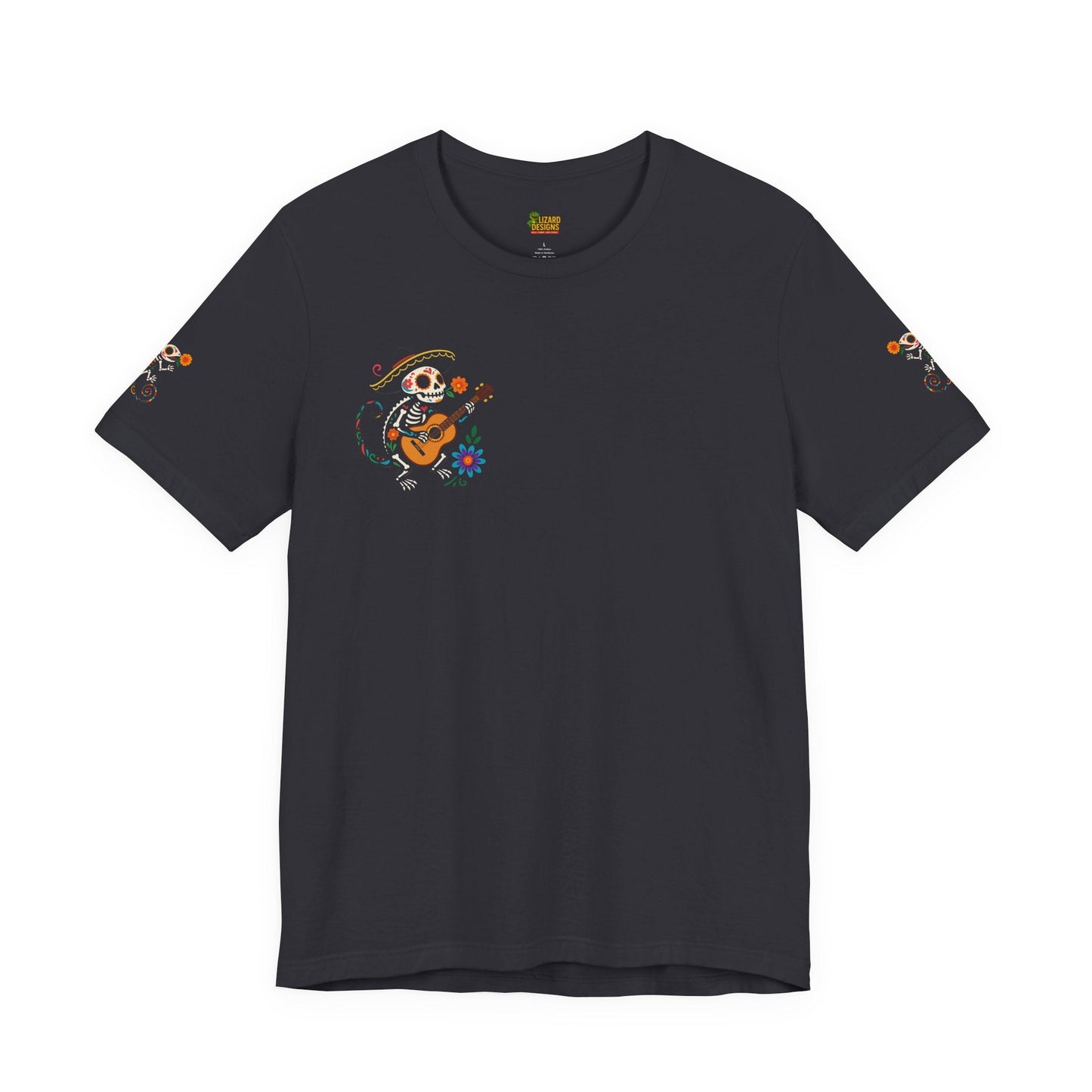 Mariachi Lizard Skeleton Tee – Day of the Dead Vibes | Halloween Graphic Shirt – Oxblood Black T-Shirt by Printify