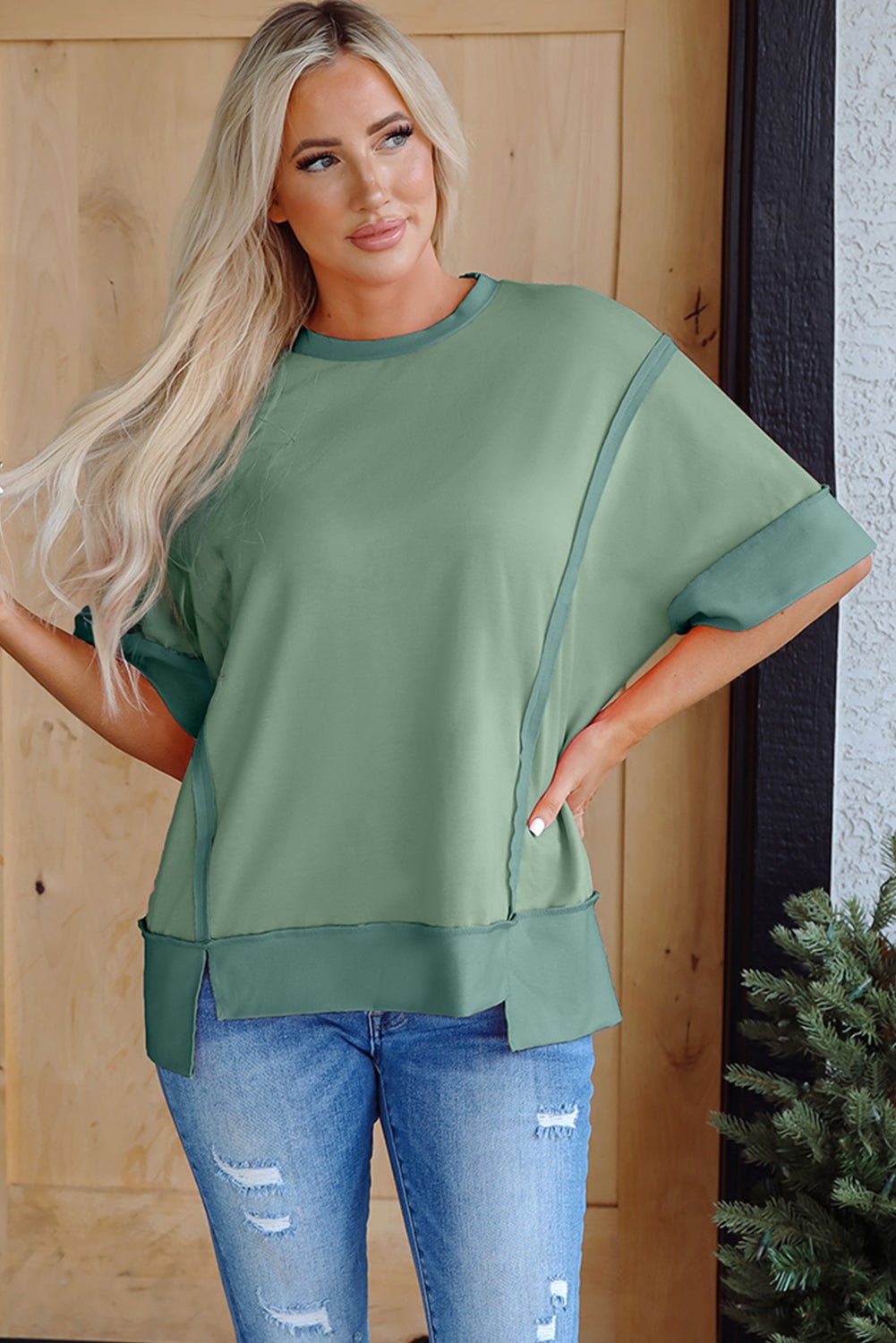 Mikaela Half Sleeve Raw Seam Split Top – Smoke Green Tops/Tops & Tees for Shopify Collective (4 view)