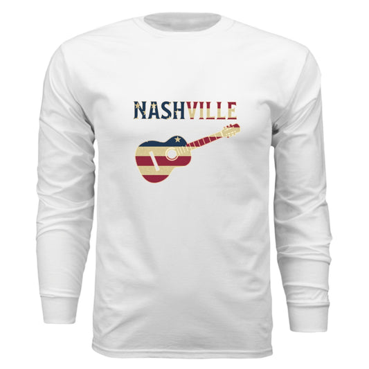 Nashville Guitar Long Sleeve Tee – Music City Pride | RM Outpost Apparel – WHITE T-Shirt for American Flag (2 view)