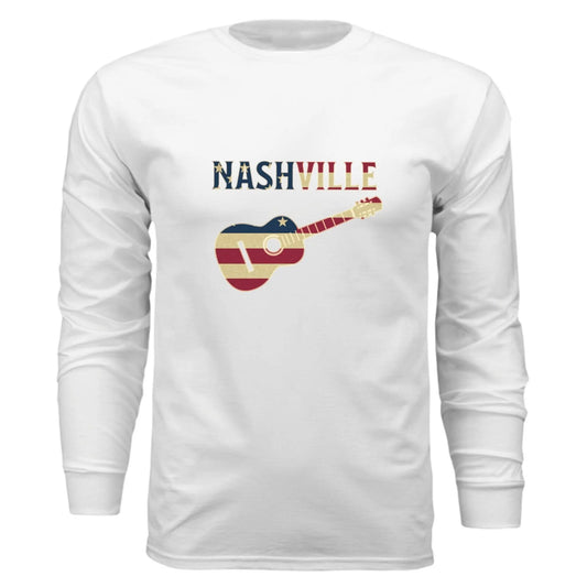 Nashville Guitar Long Sleeve Tee – Music City Pride | RM Outpost Apparel – WHITE T-Shirt for American Flag (2 view)