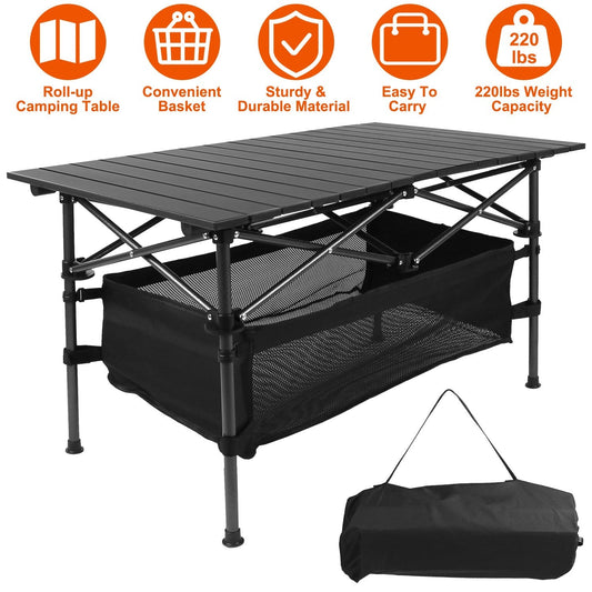 Portable Folding Camping Table – Lightweight Aluminum Roll - Up Picnic Desk with Carry Bag | Outdoor & BBQ – Black Camping Table for aluminum table (2 view)