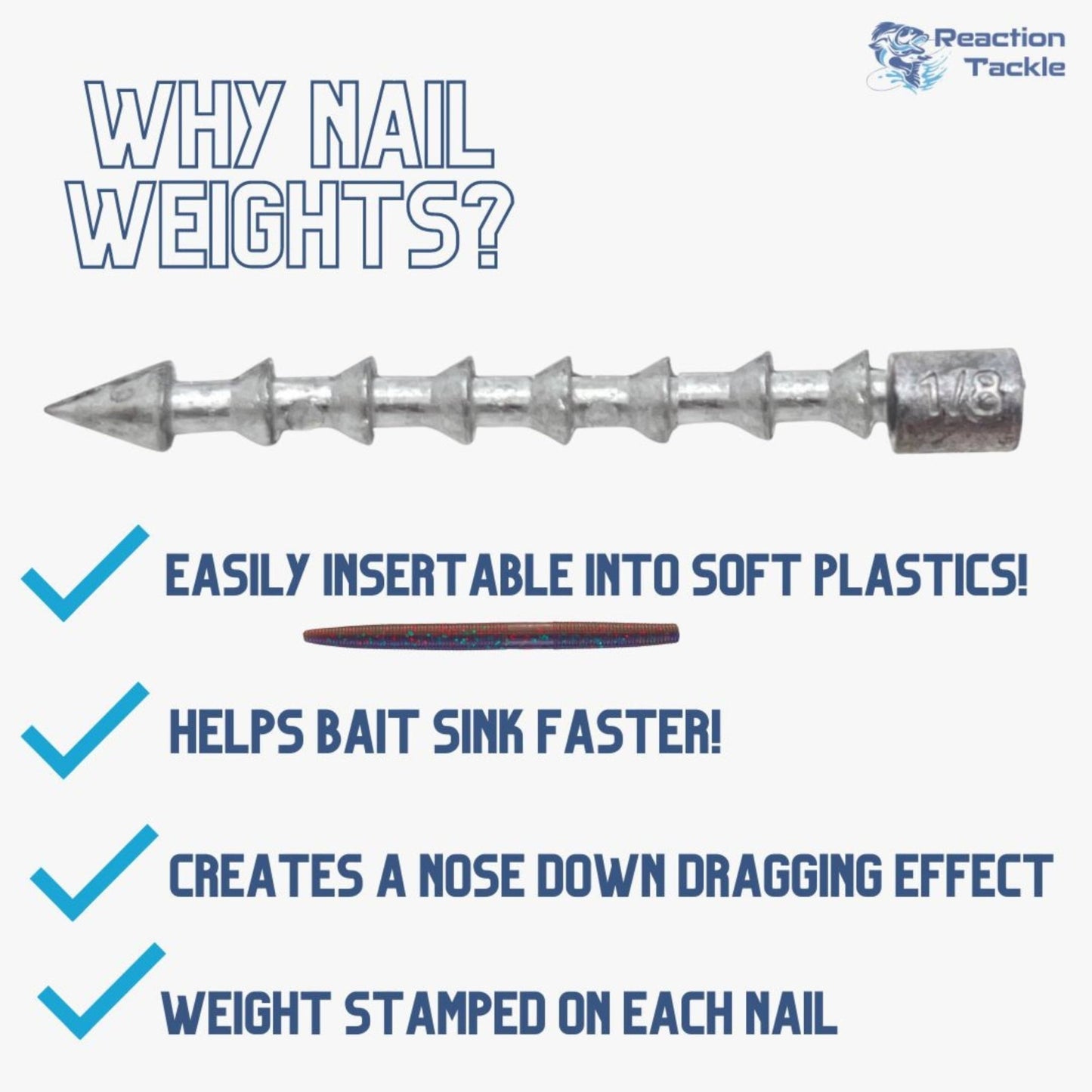 Reaction Tackle Lead Nail Weights/Insert Sinkers – 1/16 oz (25 per pack) tungsten weights for fishing (6 view)