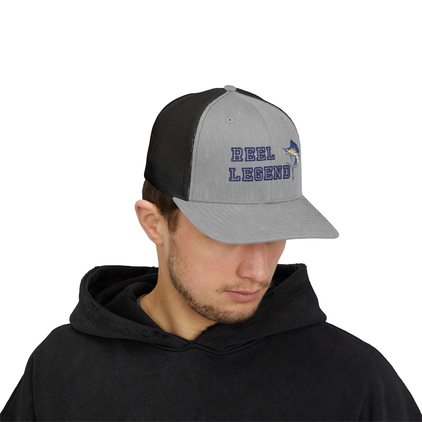 Reel Legend Snapback Trucker Cap | Fishing Hat, Outdoor Gear, Gift for Anglers, Casual Wear, Summer Accessory – Charcoal / Black Hats for beach wear (14 view)