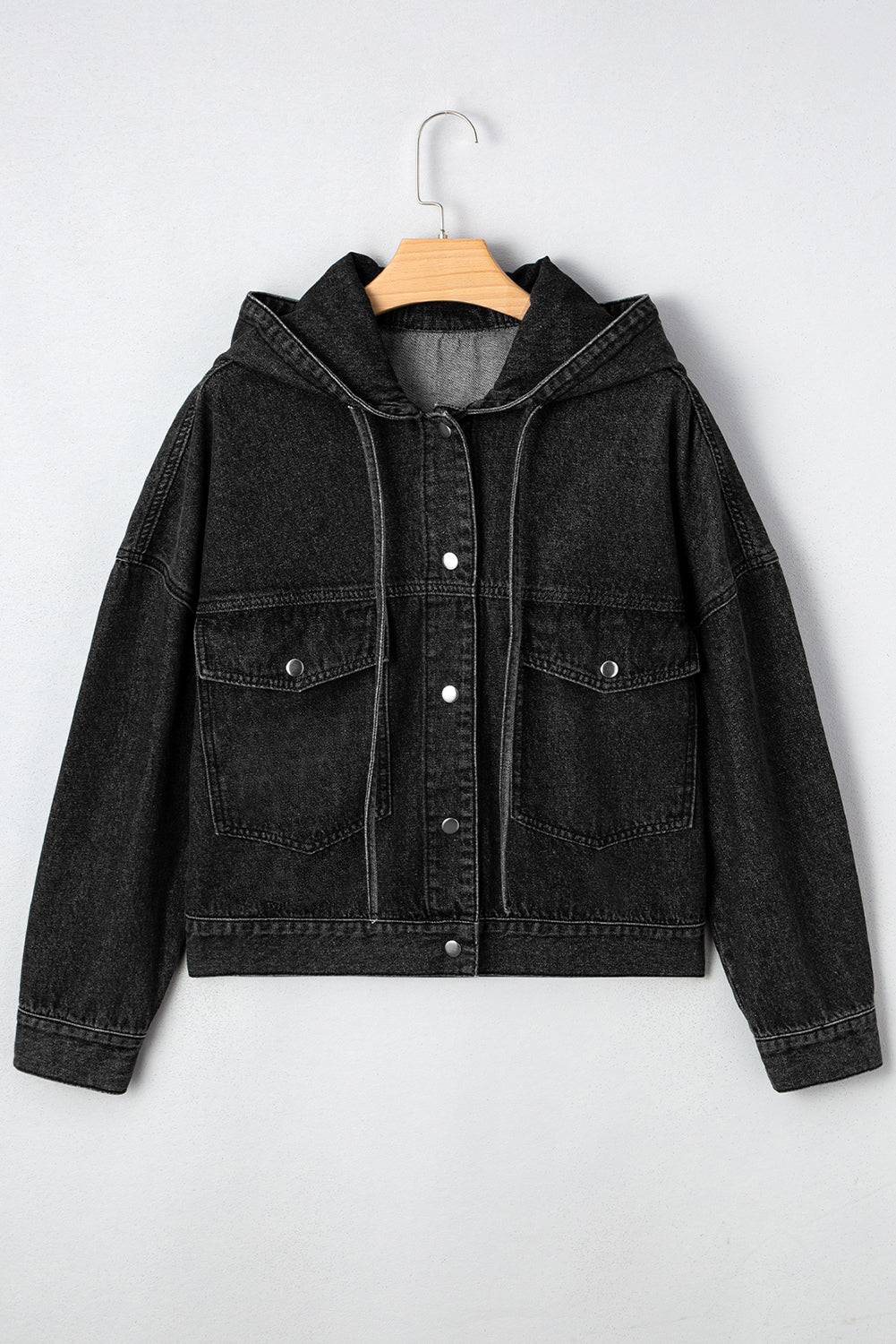 Sage Pocket Drop Shoulder Hooded Denim Jacket – Black Outerwear/Denim jackets for Shopify Collective (8 view)
