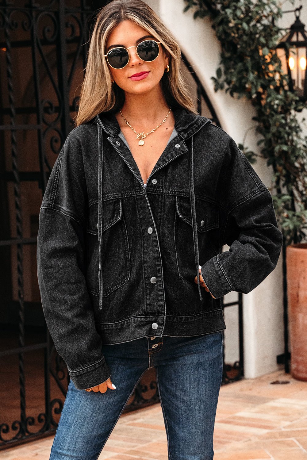 Sage Pocket Drop Shoulder Hooded Denim Jacket – Black Outerwear/Denim jackets for Shopify Collective (4 view)