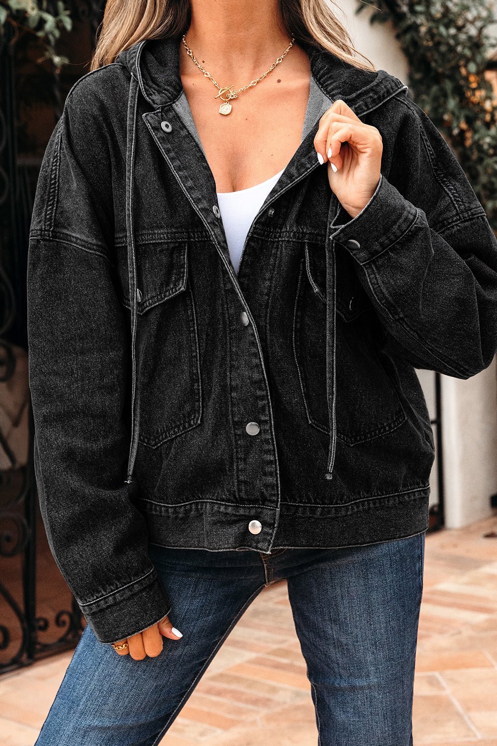 Sage Pocket Drop Shoulder Hooded Denim Jacket – Black Outerwear/Denim jackets for Shopify Collective (7 view)