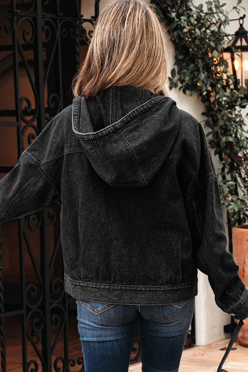 Sage Pocket Drop Shoulder Hooded Denim Jacket – Black Outerwear/Denim jackets for Shopify Collective (2 view)