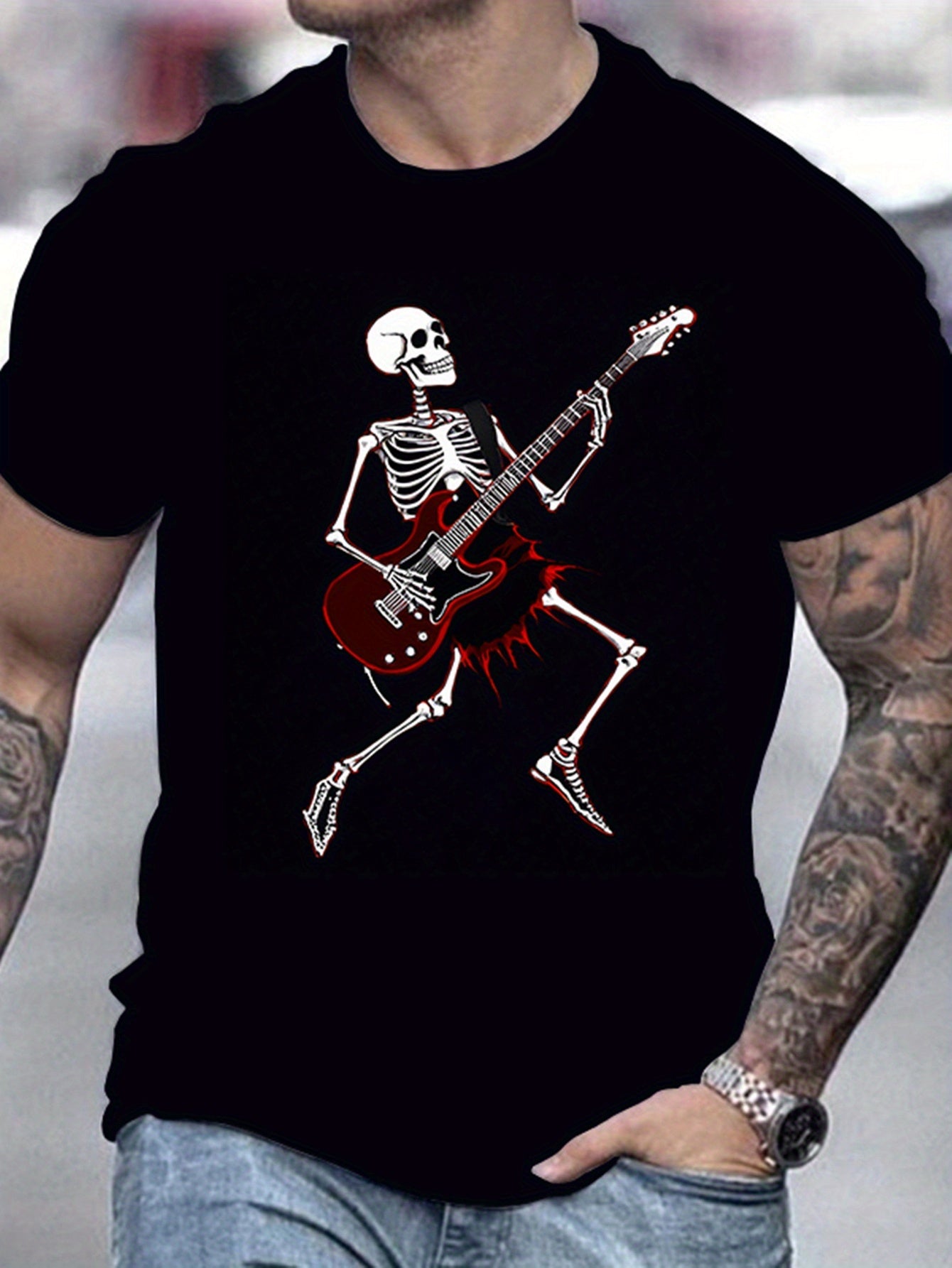 Skull Guitar T-Shirt – Men's Retro Rocker Tee for Casual & Halloween Style | Short Sleeve Streetwear – Black Mens Top for Best Sellers (6 view)