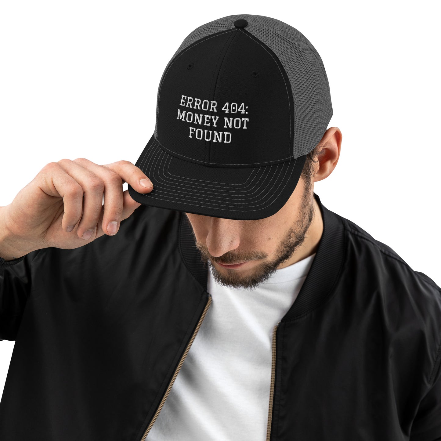 ERROR 404: MONEY NOT FOUND Trucker Cap I Embroidered – Black / Charcoal Hats for lot lizards designs (1 view)