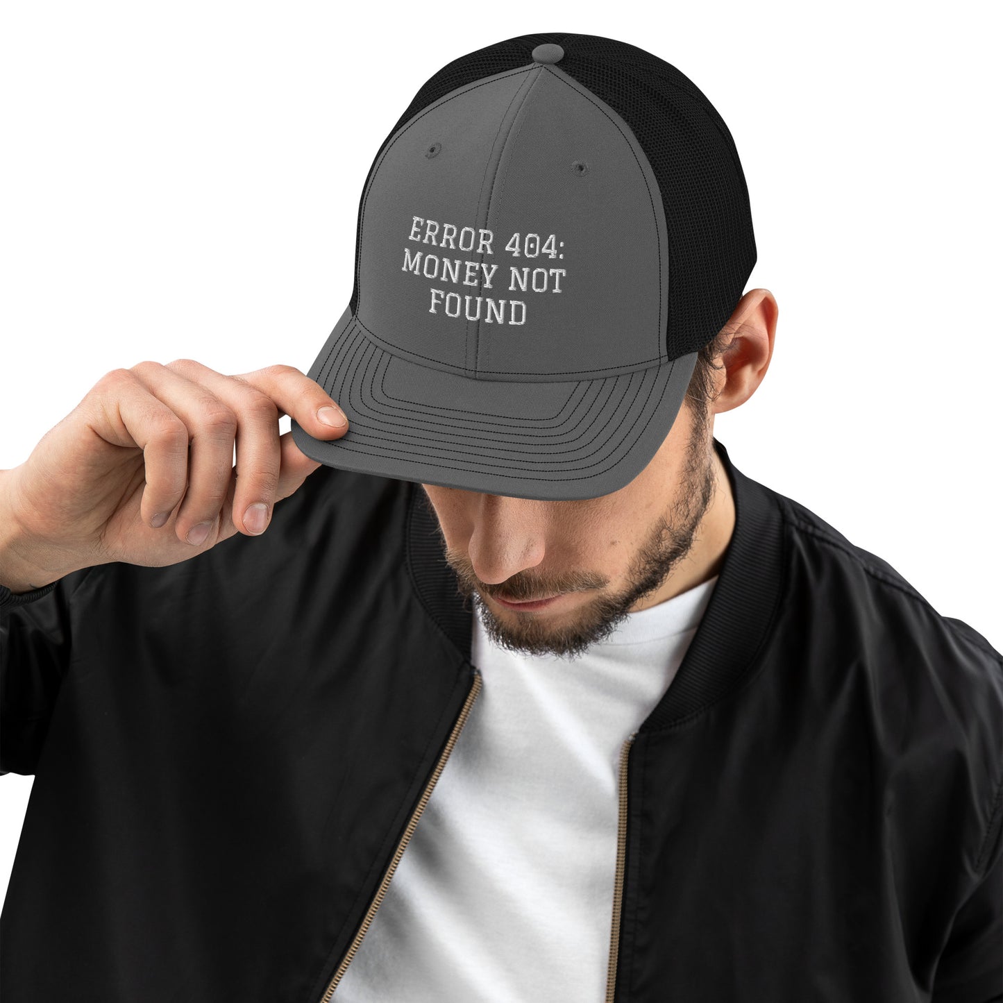 ERROR 404: MONEY NOT FOUND Trucker Cap I Embroidered – Charcoal/Black Hats for lot lizards designs (18 view)