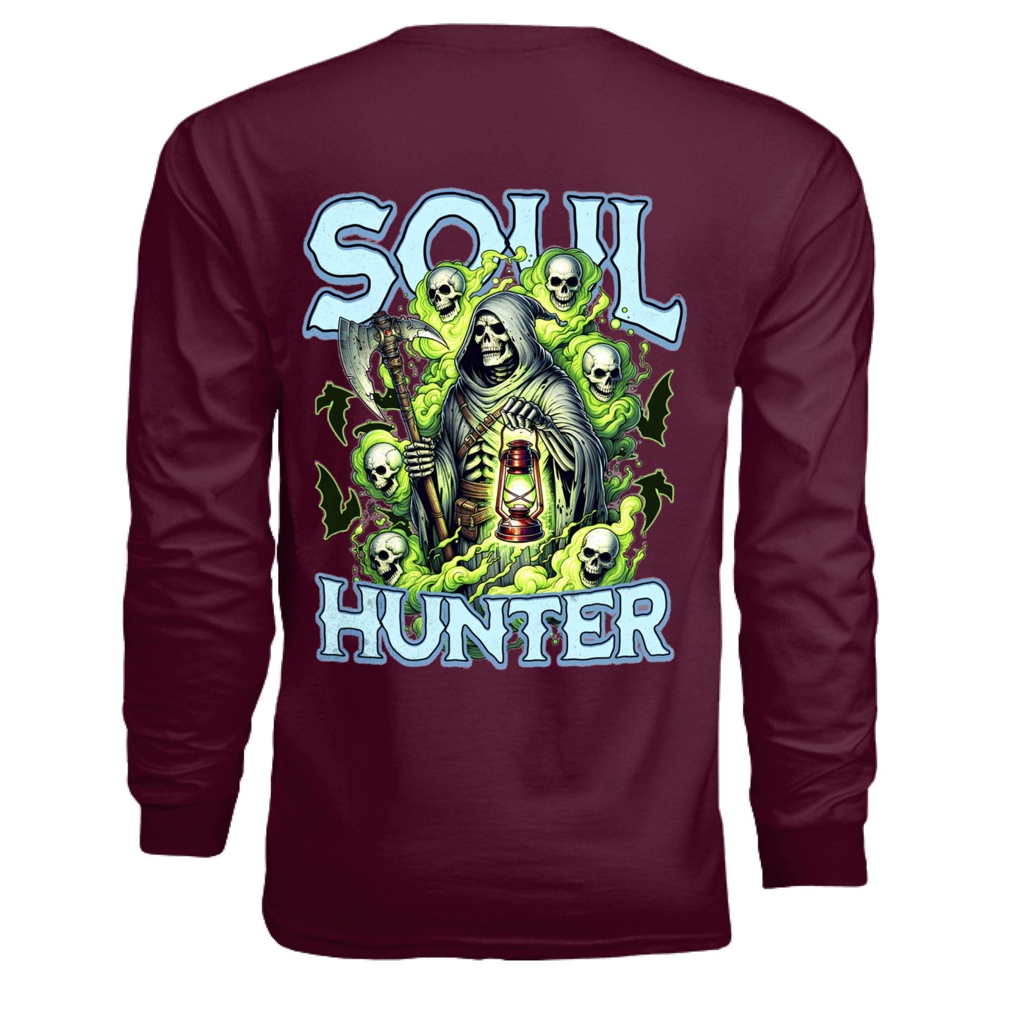 Soul Hunter – Grim Reaper Glow Tee | Gothic Streetwear by RM Outpost – MAROON T-Shirt for Apparel (28 view)
