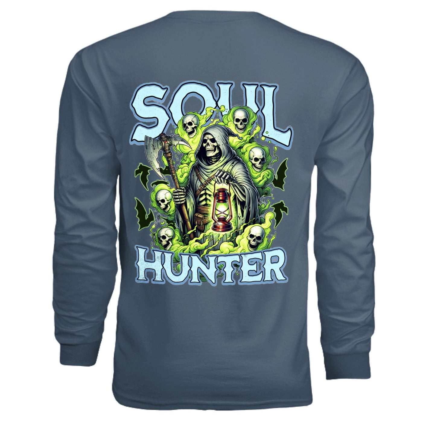 Soul Hunter – Grim Reaper Glow Tee | Gothic Streetwear by RM Outpost – INDIGO BLUE T-Shirt for Apparel (31 view)