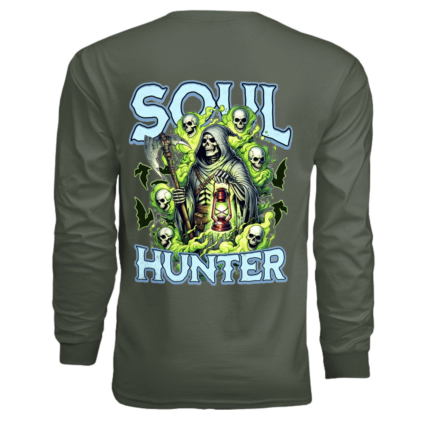 Soul Hunter – Grim Reaper Glow Tee | Gothic Streetwear by RM Outpost – MILITARY GREEN T-Shirt for Apparel (10 view)