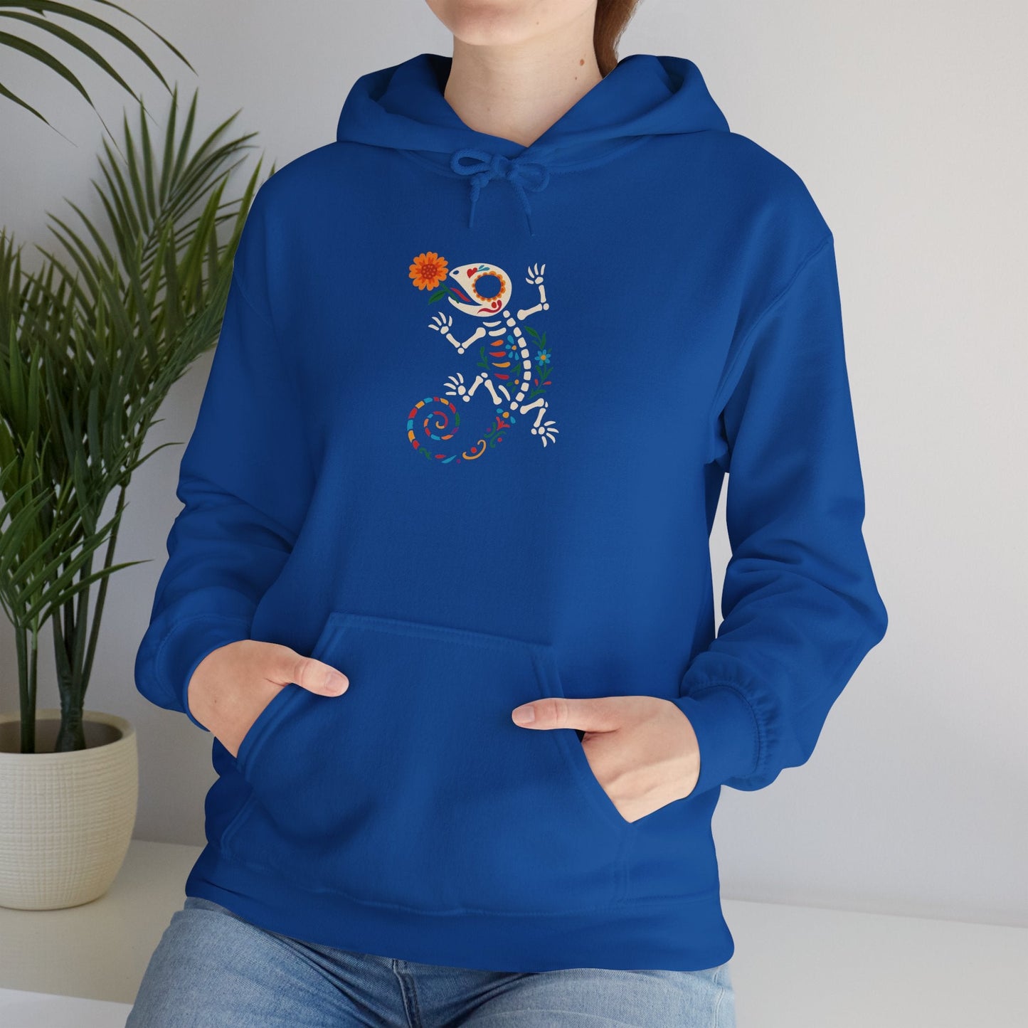 Sugar Skull Lizard Hooded Sweatshirt – Floral Skeleton Charm with Day of the Dead Vibes | Lizard Designs – S Hoodie by Printify