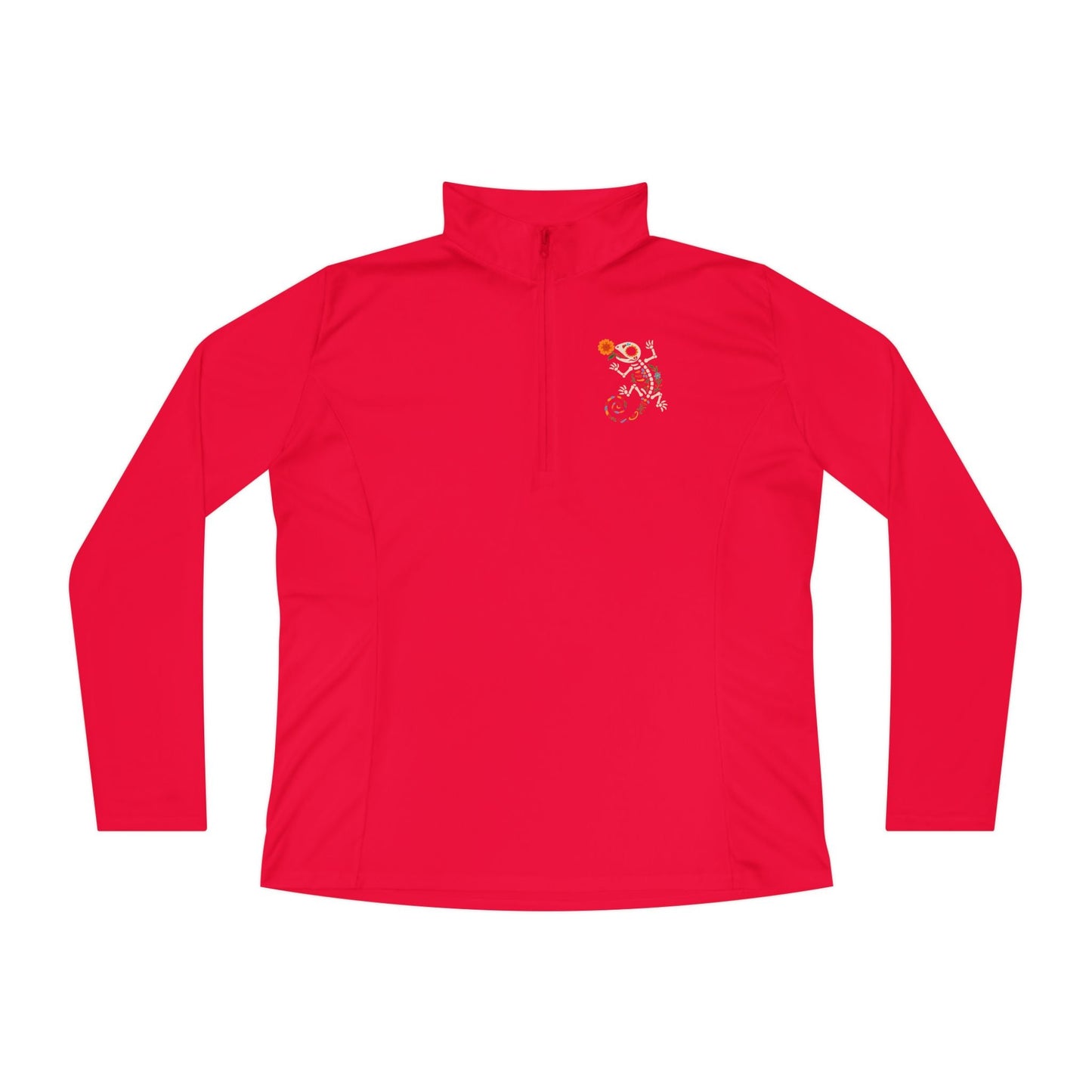 Sugar Skull Lizard Quarter - Zip Pullover – Floral Skeleton Charm with Day of the Dead Vibes | Lizard Designs – True Red Long - sleeve by Printify
