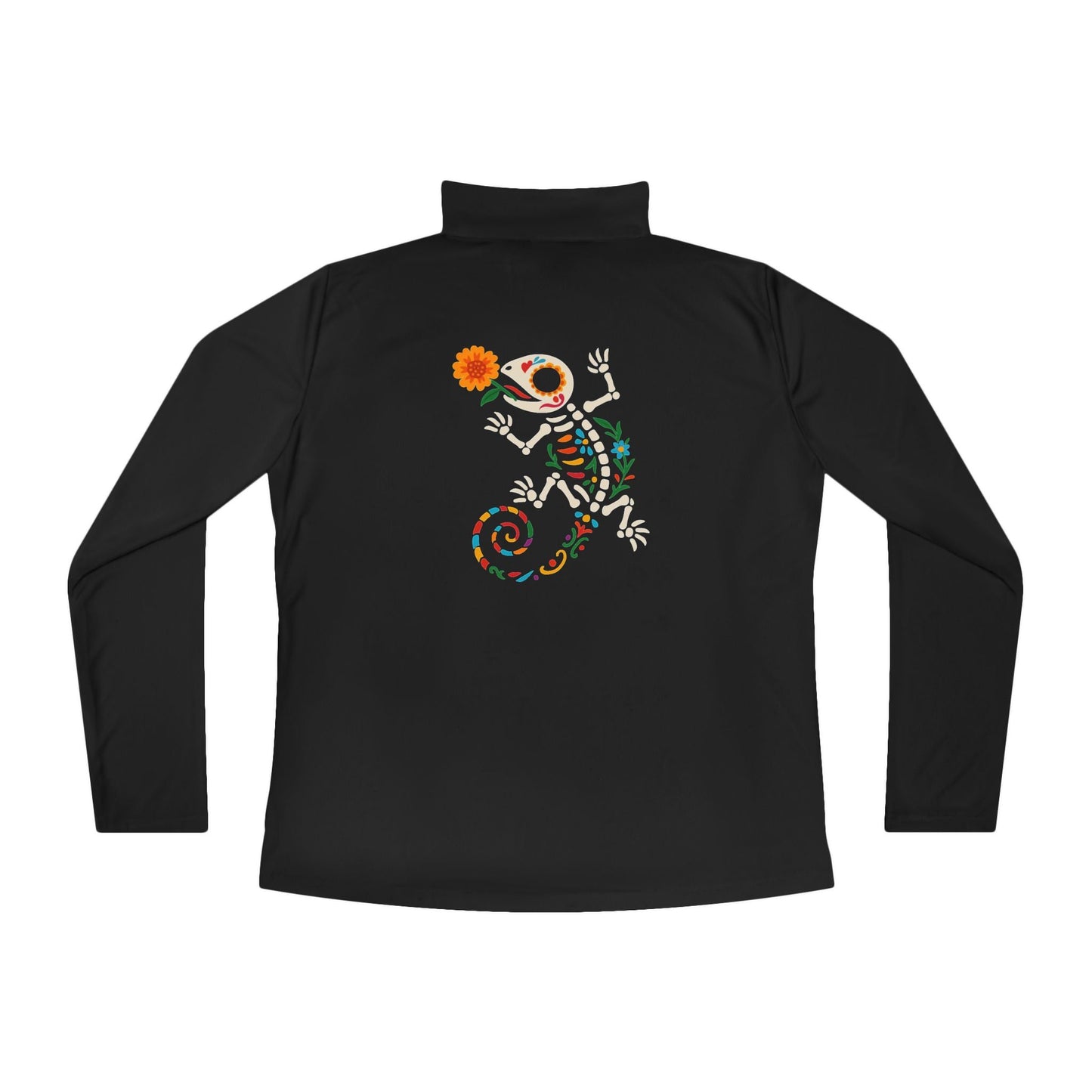 Sugar Skull Lizard Quarter - Zip Pullover – Floral Skeleton Charm with Day of the Dead Vibes | Lizard Designs – Black Long - sleeve by Printify