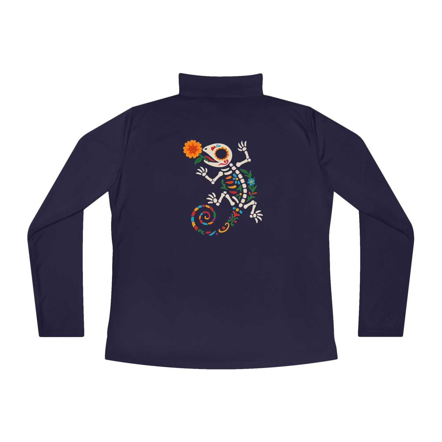 Sugar Skull Lizard Quarter - Zip Pullover – Floral Skeleton Charm with Day of the Dead Vibes | Lizard Designs – True Navy Long - sleeve by Printify