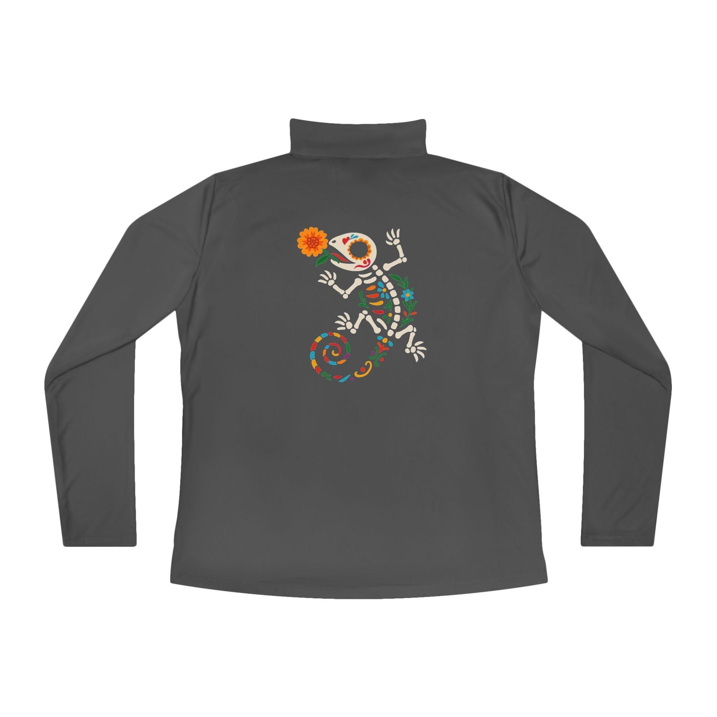 Sugar Skull Lizard Quarter - Zip Pullover – Floral Skeleton Charm with Day of the Dead Vibes | Lizard Designs – Iron Grey Long - sleeve by Printify