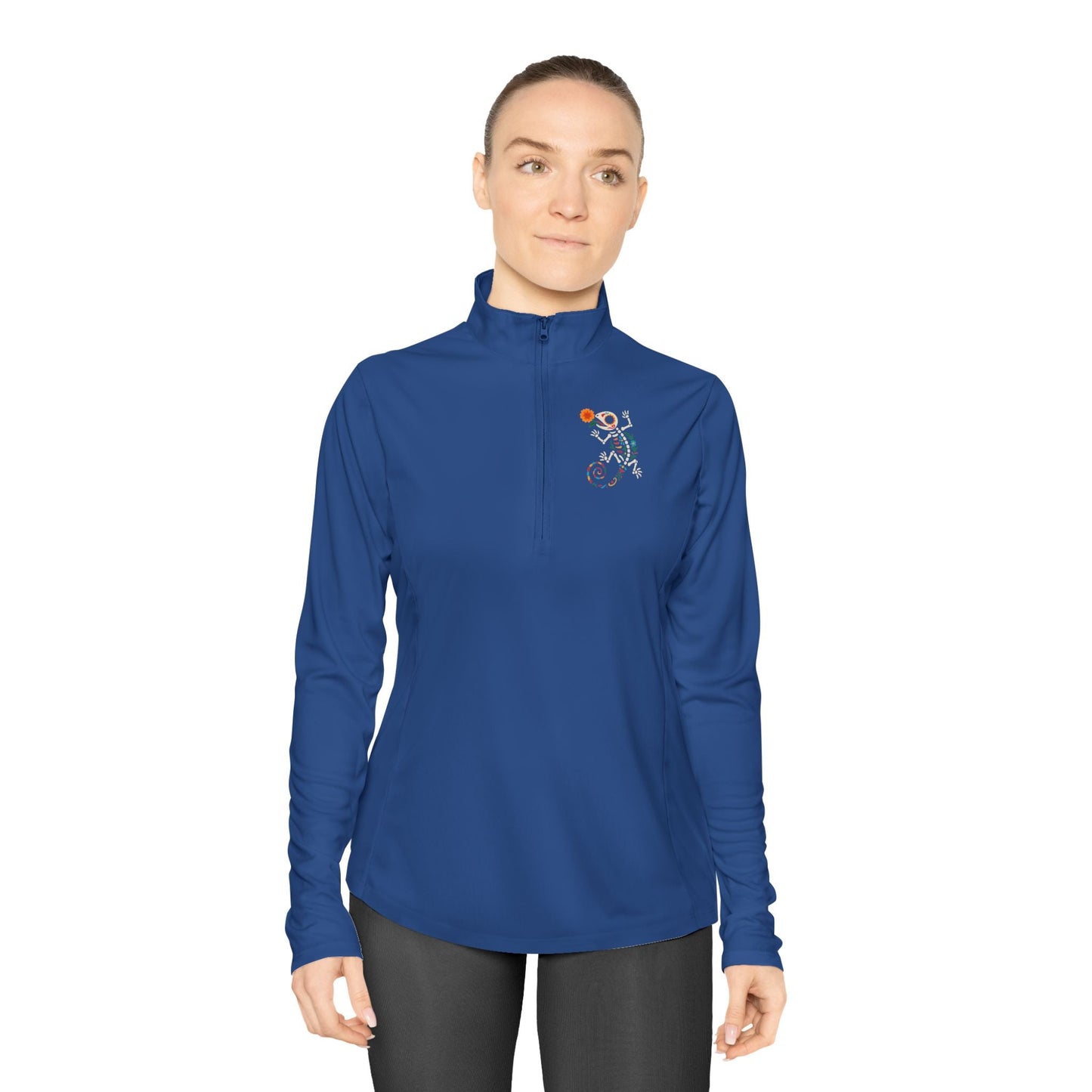 Sugar Skull Lizard Quarter - Zip Pullover – Floral Skeleton Charm with Day of the Dead Vibes | Lizard Designs – True Royal Long - sleeve by Printify