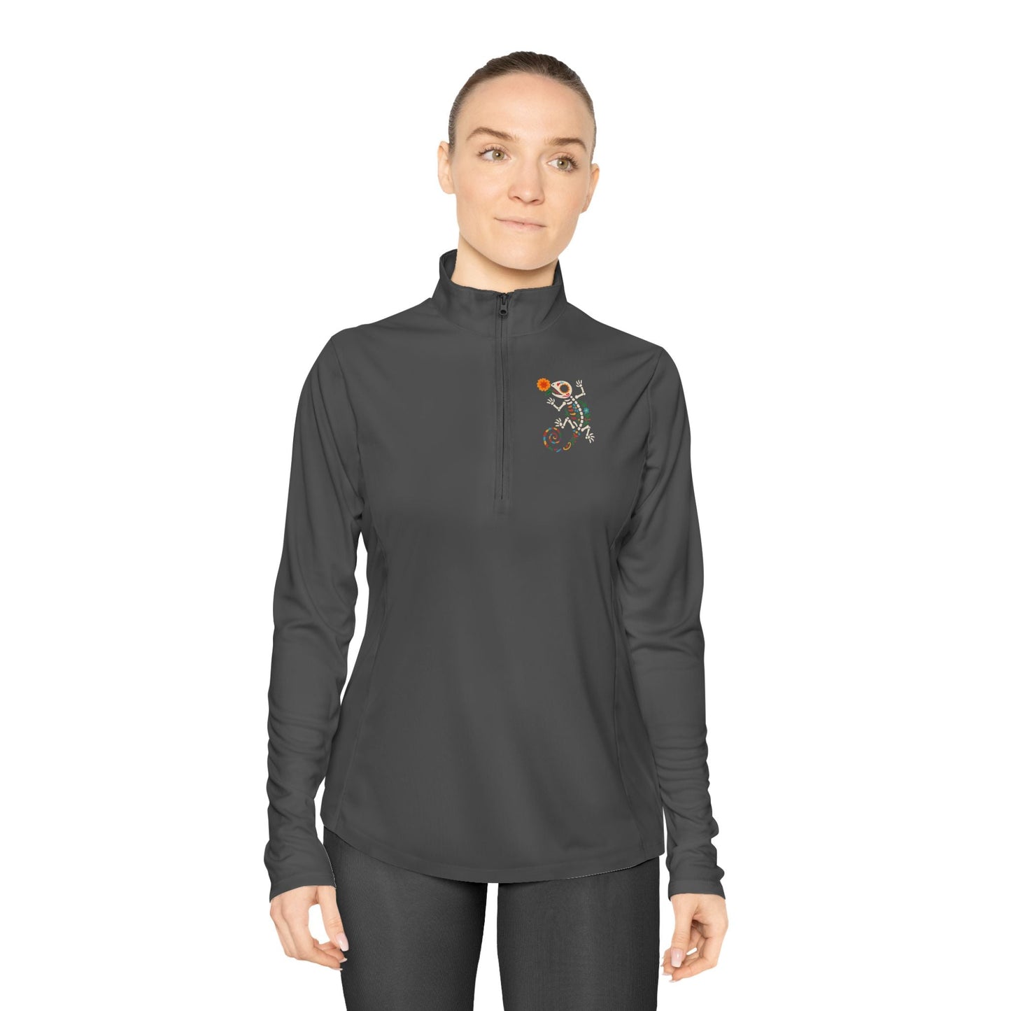 Sugar Skull Lizard Quarter - Zip Pullover – Floral Skeleton Charm with Day of the Dead Vibes | Lizard Designs – Iron Grey Long - sleeve by Printify