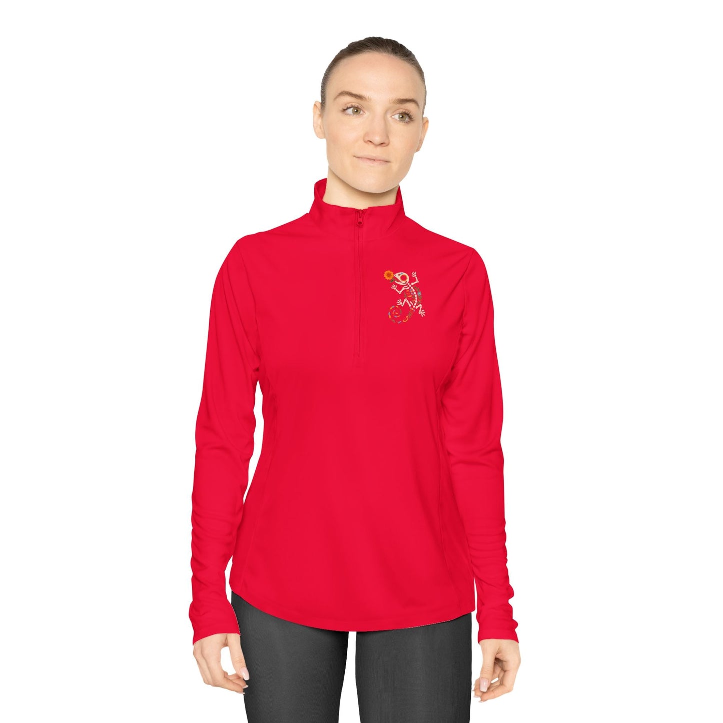 Sugar Skull Lizard Quarter - Zip Pullover – Floral Skeleton Charm with Day of the Dead Vibes | Lizard Designs – True Red Long - sleeve by Printify
