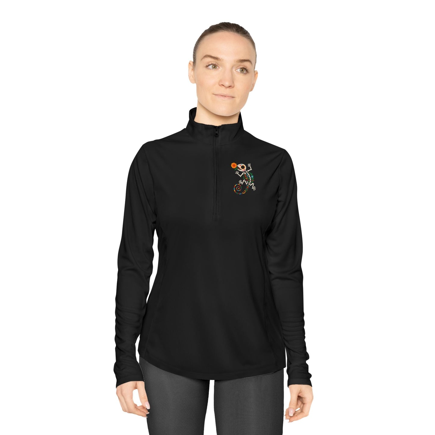 Sugar Skull Lizard Quarter - Zip Pullover – Floral Skeleton Charm with Day of the Dead Vibes | Lizard Designs – Black Long - sleeve by Printify