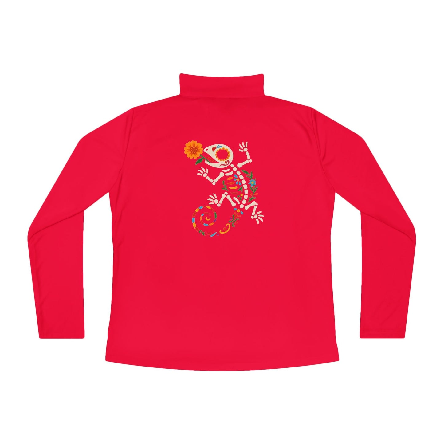 Sugar Skull Lizard Quarter - Zip Pullover – Floral Skeleton Charm with Day of the Dead Vibes | Lizard Designs – True Red Long - sleeve by Printify