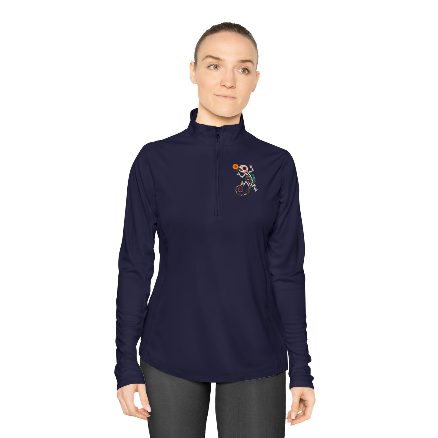 Sugar Skull Lizard Quarter - Zip Pullover – Floral Skeleton Charm with Day of the Dead Vibes | Lizard Designs – True Navy Long - sleeve by Printify