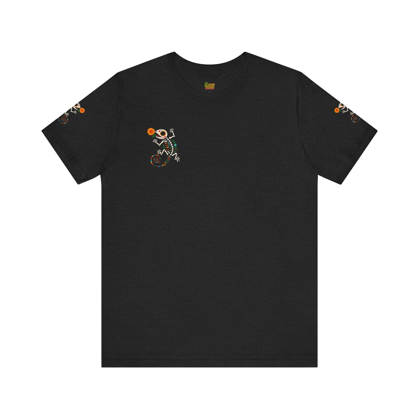 Sugar Skull Lizard Tee – Floral Skeleton Charm with Day of the Dead Vibes | Lizard Designs Shirt – Solid Black Blend T-Shirt by Printify