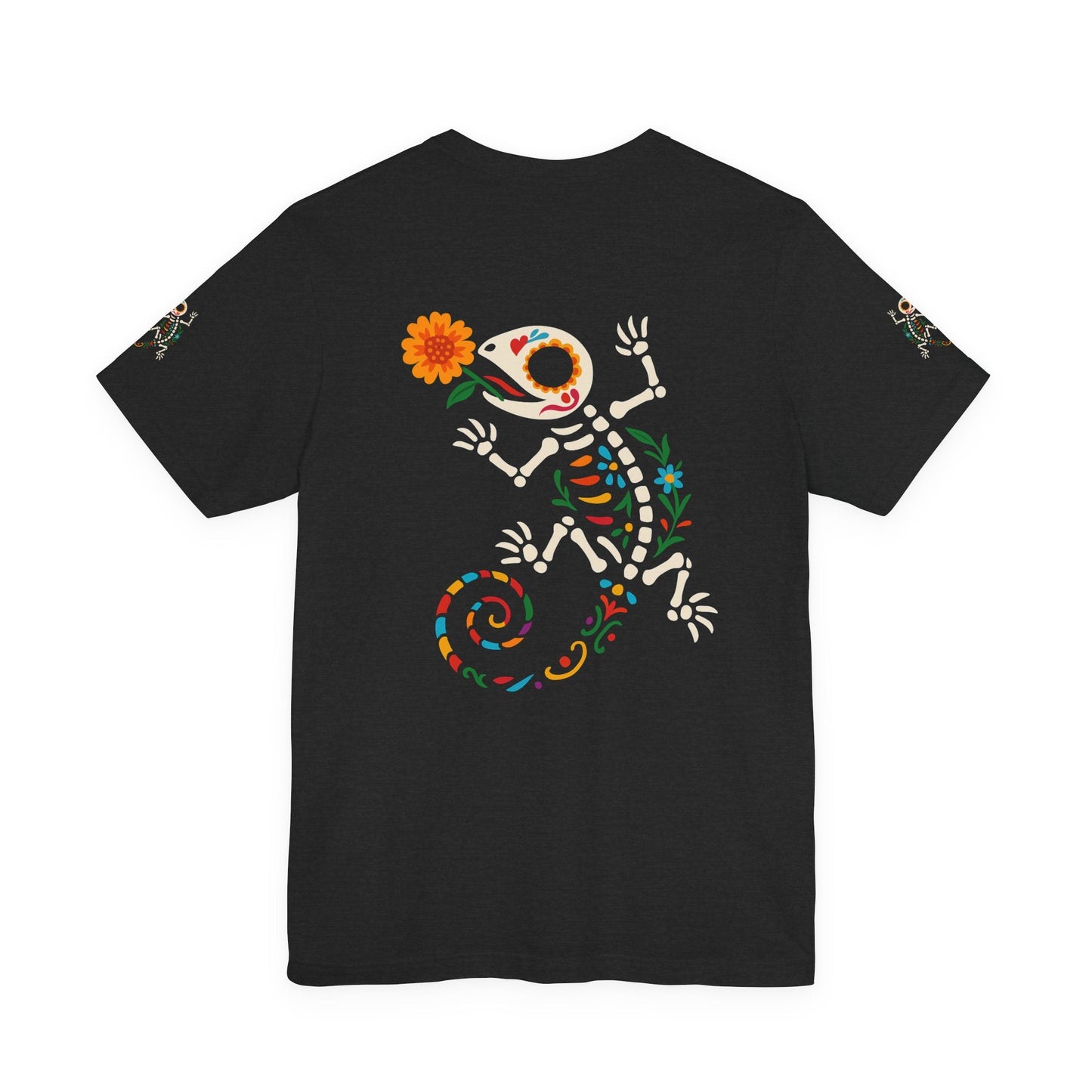 Sugar Skull Lizard Tee – Floral Skeleton Charm with Day of the Dead Vibes | Lizard Designs Shirt – Solid Black Blend T-Shirt by Printify