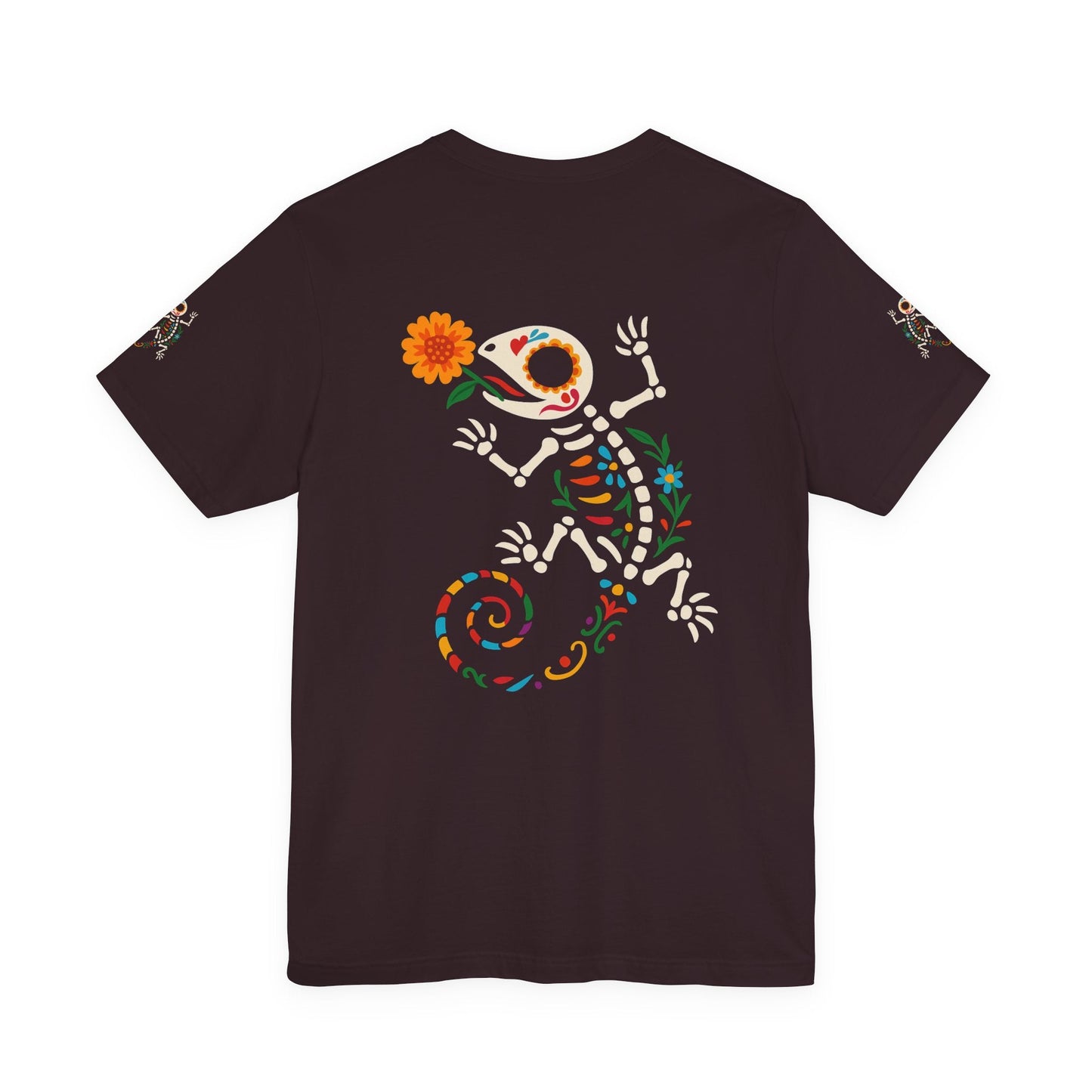 Sugar Skull Lizard Tee – Floral Skeleton Charm with Day of the Dead Vibes | Lizard Designs Shirt – Oxblood Black T-Shirt by Printify