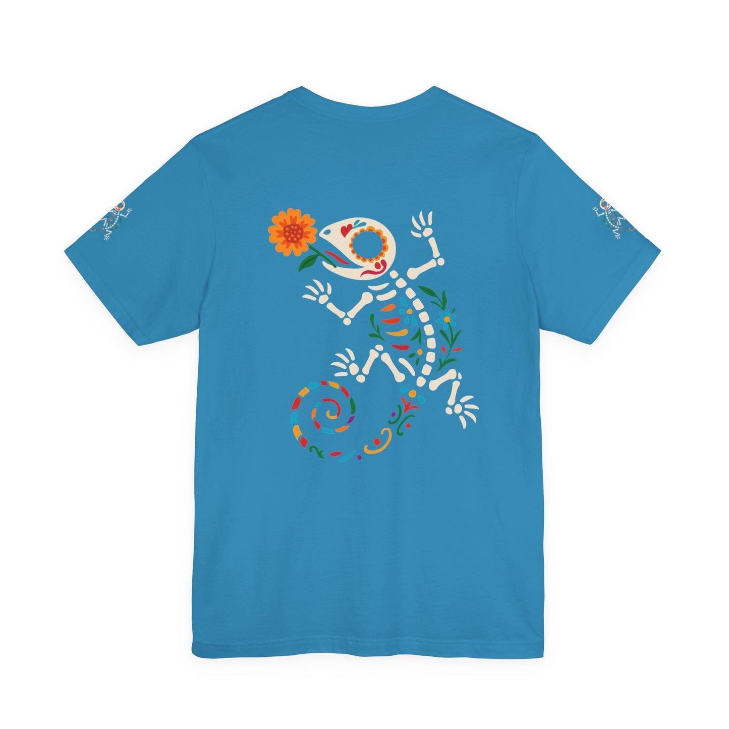 Sugar Skull Lizard Tee – Floral Skeleton Charm with Day of the Dead Vibes | Lizard Designs Shirt – Aqua T-Shirt by Printify