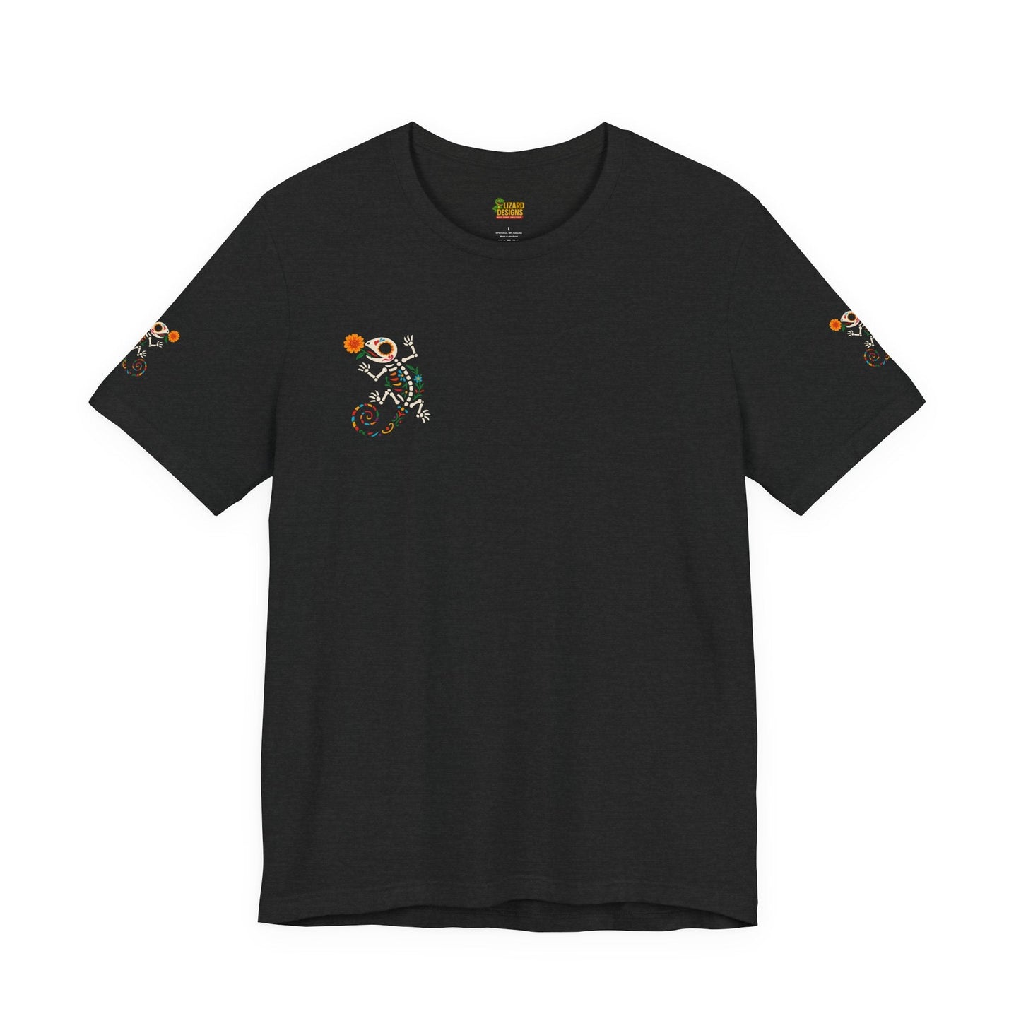 Sugar Skull Lizard Tee – Floral Skeleton Charm with Day of the Dead Vibes | Lizard Designs Shirt – Solid Black Blend T-Shirt by Printify