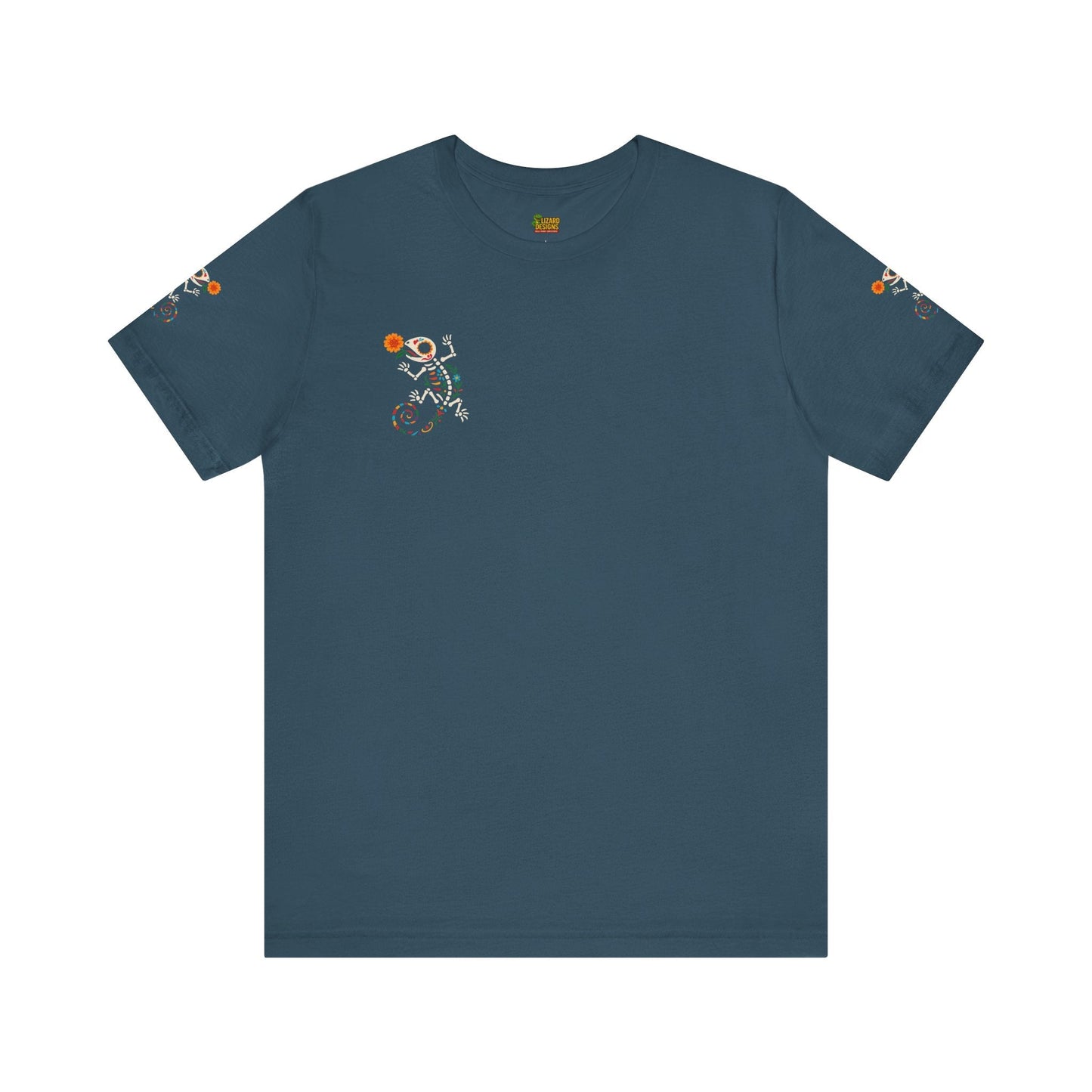 Sugar Skull Lizard Tee – Floral Skeleton Charm with Day of the Dead Vibes | Lizard Designs Shirt – Deep Teal T-Shirt by Printify