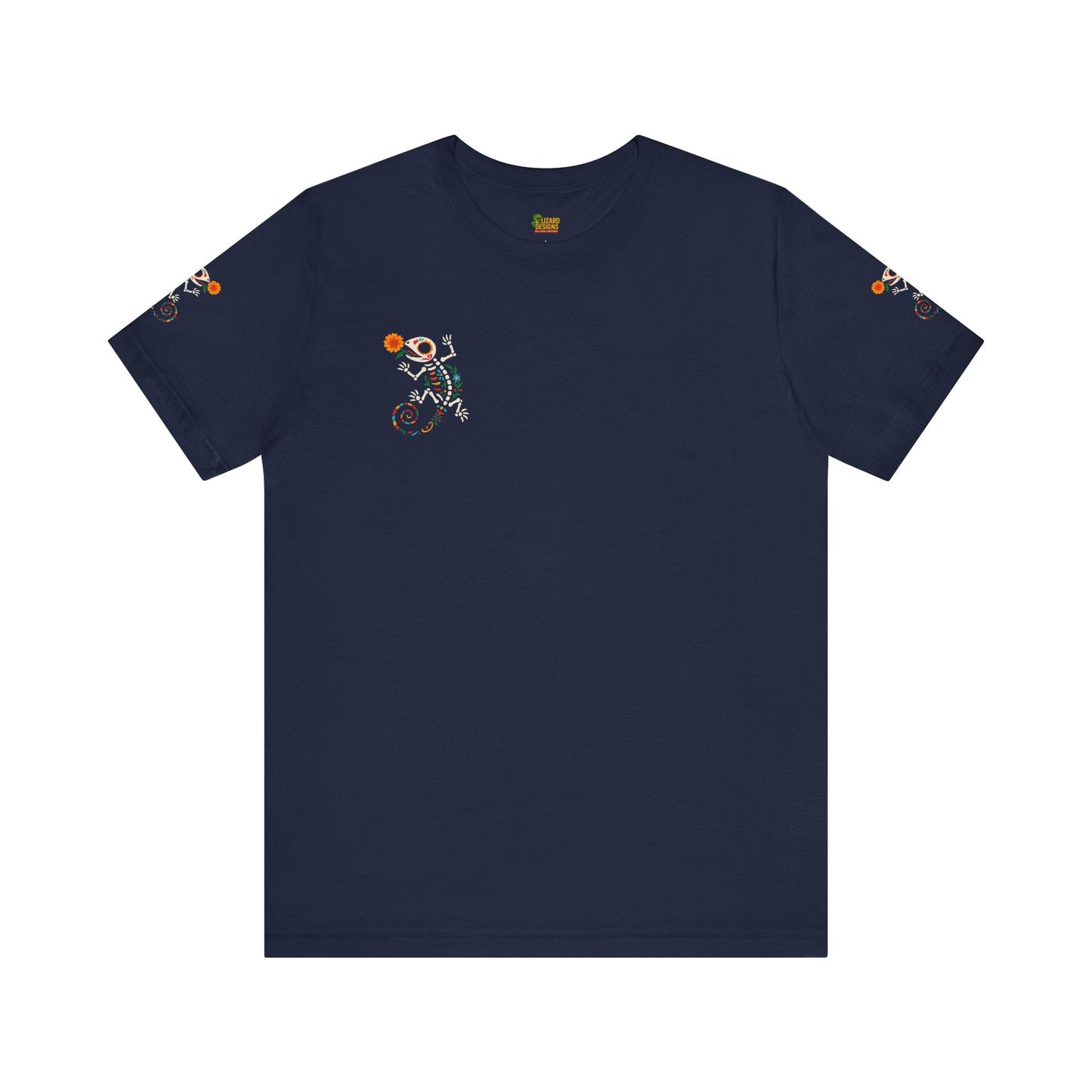 Sugar Skull Lizard Tee – Floral Skeleton Charm with Day of the Dead Vibes | Lizard Designs Shirt – Navy T-Shirt by Printify