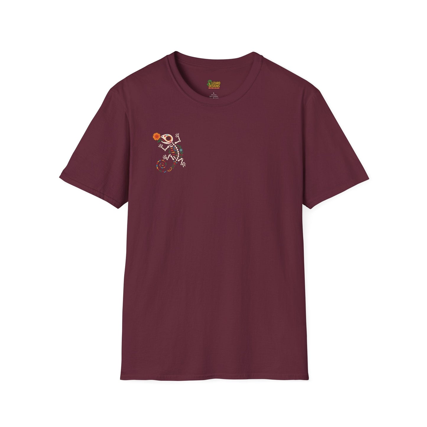 Sugar Skull Lizard Tee – Floral Skeleton Charm with Day of the Dead Vibes | Lizard Designs Shirt – Maroon T-Shirt for casual wear (1 view)