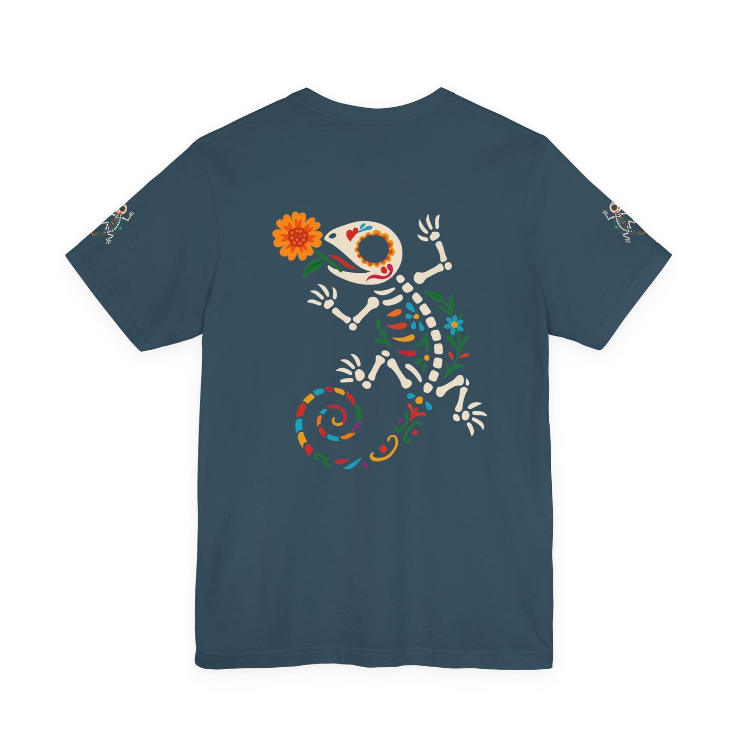 Sugar Skull Lizard Tee – Floral Skeleton Charm with Day of the Dead Vibes | Lizard Designs Shirt – Deep Teal T-Shirt by Printify