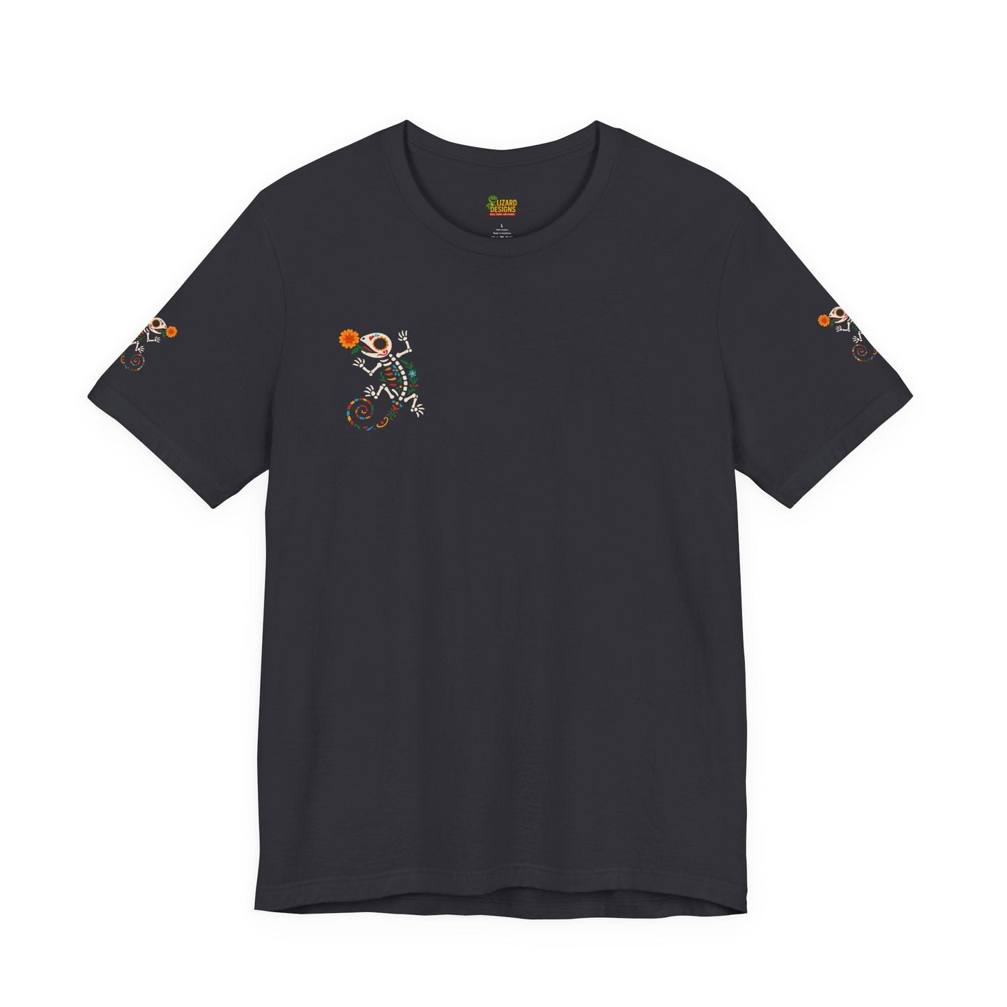 Sugar Skull Lizard Tee – Floral Skeleton Charm with Day of the Dead Vibes | Lizard Designs Shirt – Dark Grey T-Shirt by Printify