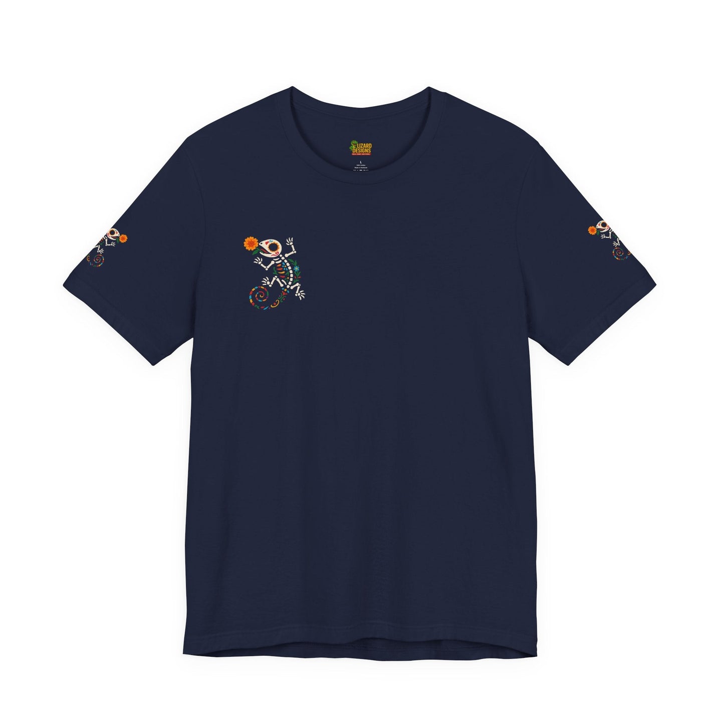 Sugar Skull Lizard Tee – Floral Skeleton Charm with Day of the Dead Vibes | Lizard Designs Shirt – Navy T-Shirt by Printify