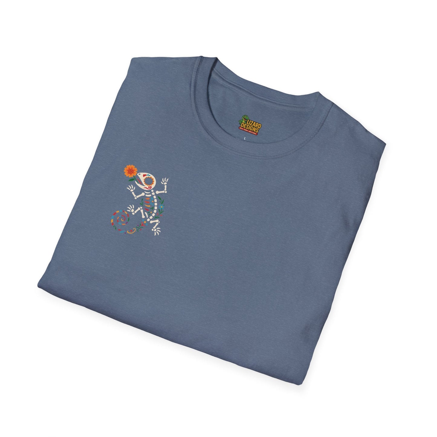 Sugar Skull Lizard Tee – Floral Skeleton Charm with Day of the Dead Vibes | Lizard Designs Shirt – Heather Indigo T-Shirt for casual wear (33 view)