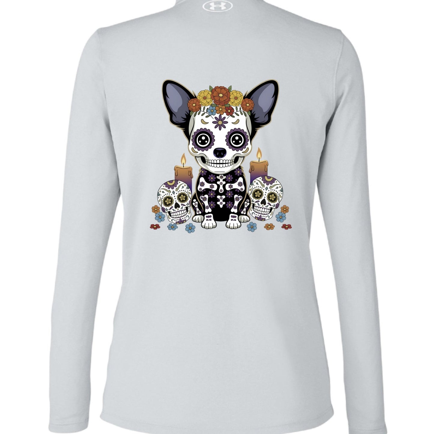 Sugar - Skull Pup – Vibrant Día de Muertos Under Armour Half - Zip | Ladies Performance Top – MOD GRY/ WH _011 activewear for anti - odor (6 view)