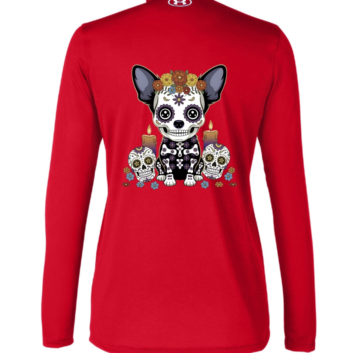 Sugar - Skull Pup – Vibrant Día de Muertos Under Armour Half - Zip | Ladies Performance Top – RED/ WHITE _600 activewear for anti - odor (4 view)