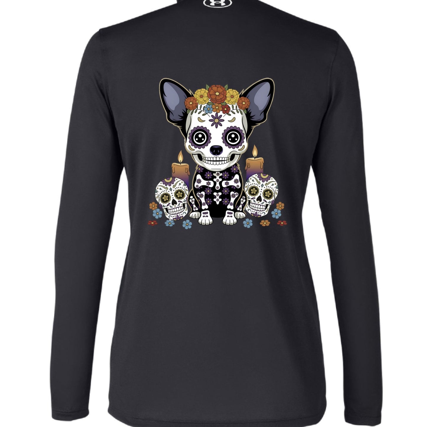 Sugar - Skull Pup – Vibrant Día de Muertos Under Armour Half - Zip | Ladies Performance Top – BLACK/ WHITE_001 activewear for anti - odor (10 view)