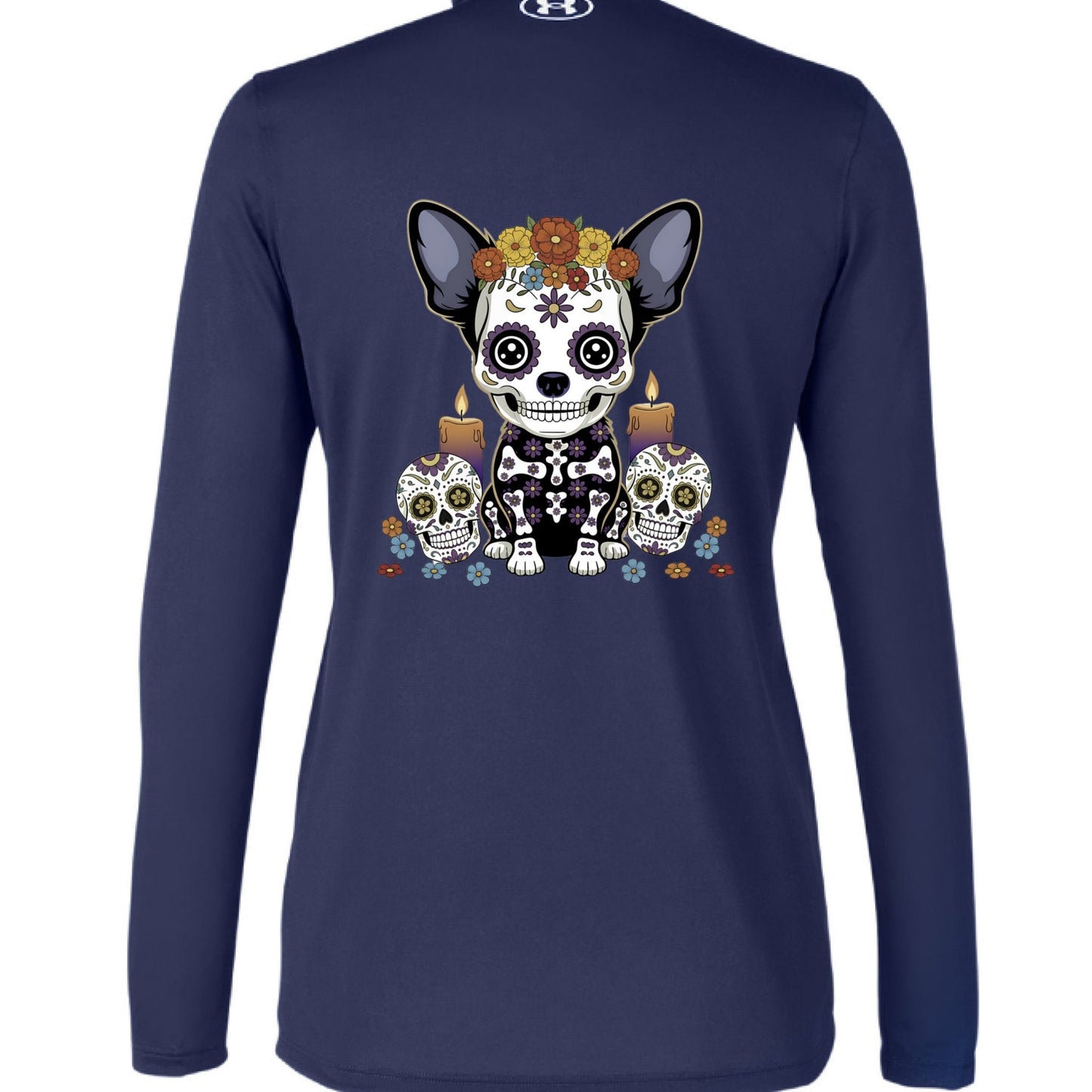 Sugar - Skull Pup – Vibrant Día de Muertos Under Armour Half - Zip | Ladies Performance Top – MID NVY/ WHT_410 activewear for anti - odor (8 view)